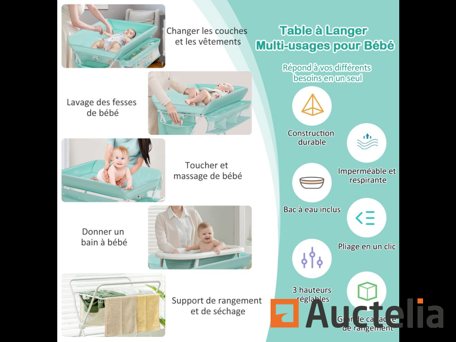 Table à langer pliable pour bébé, table à langer à 3 hauteurs réglables  avec roues, ceinture de sécurité, grande capacité de stockage et récipient  d'eau, pour bébés de 0 à 12 mois